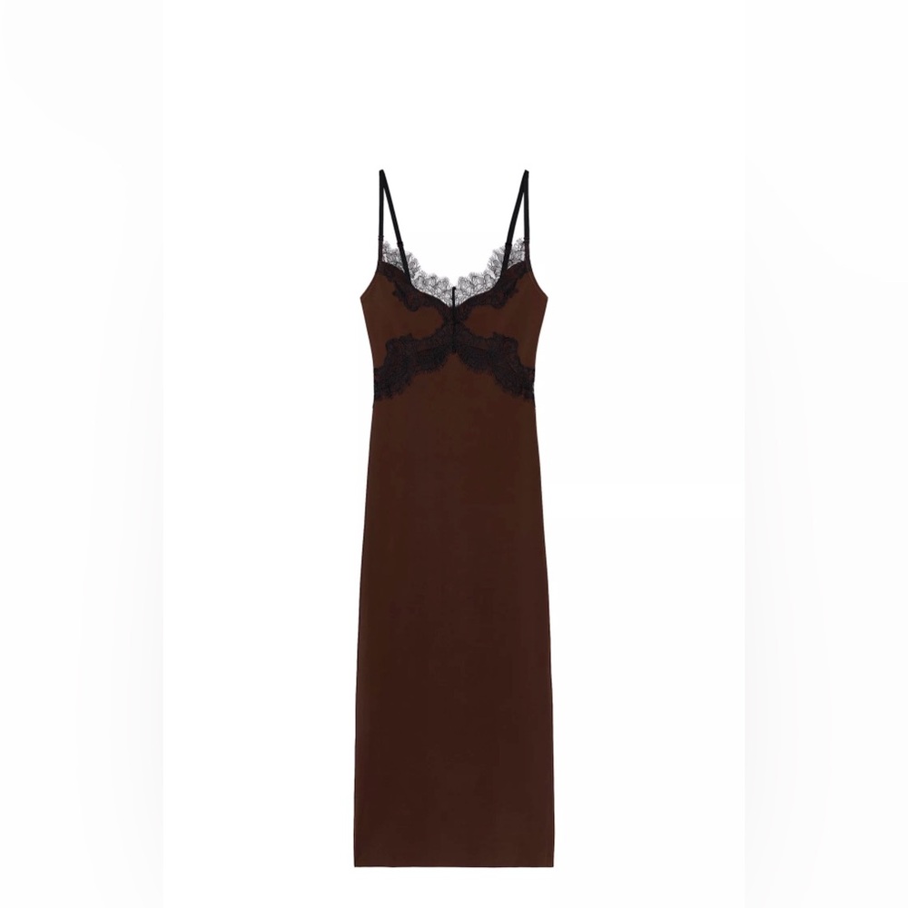 Zara Brown Midi Slip Dress with Black Lace Trim